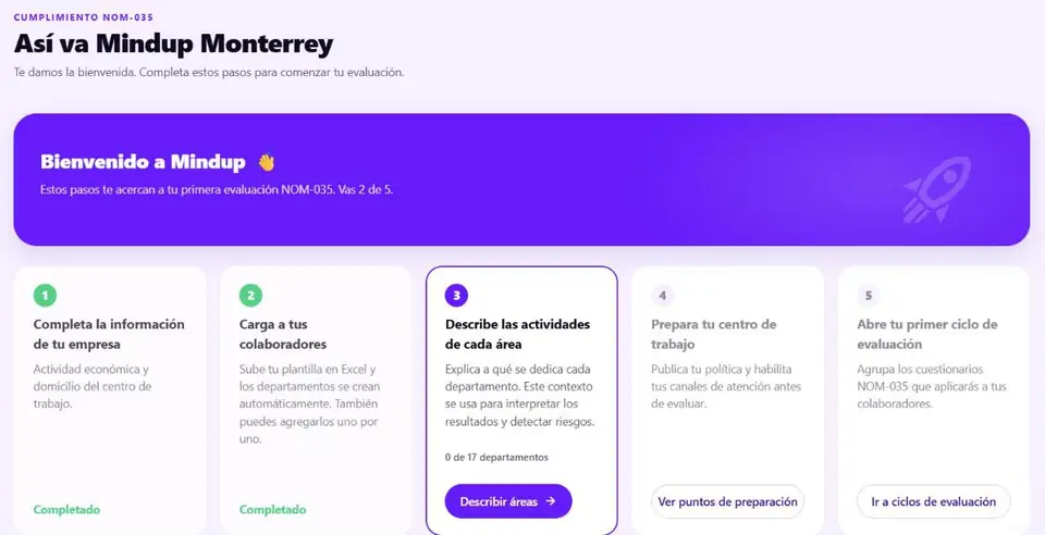 Inicio de Mindup con los 5 pasos para preparar tu primera evaluación NOM-035: información de la empresa, colaboradores, actividades por área, centro de trabajo y ciclo de evaluación